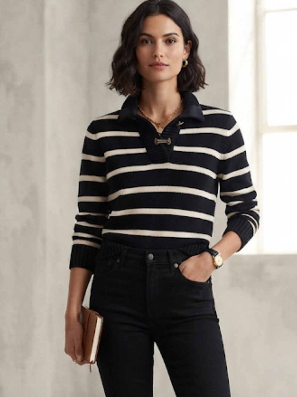 Ralph Lauren Jeans Co Y2K Black White Striped Cotton Sweater XS